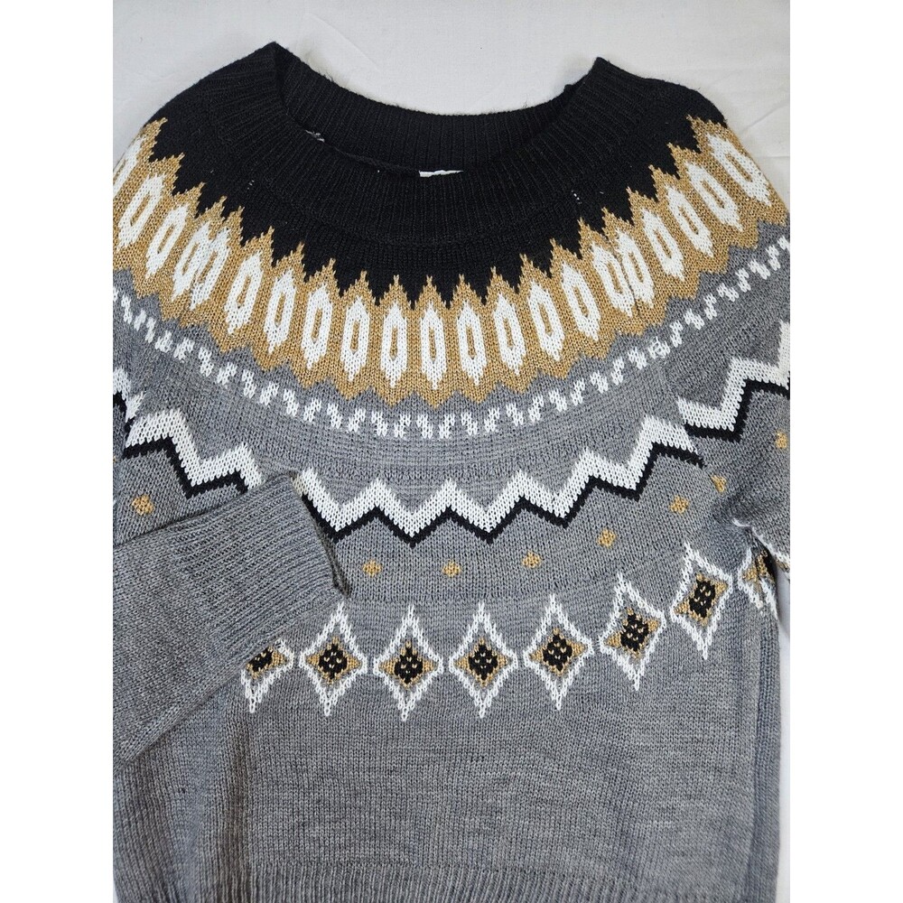 Crown Ivy Pullover Women's Size Small Gray Black Fair Isle Nordic Knit Sweater S